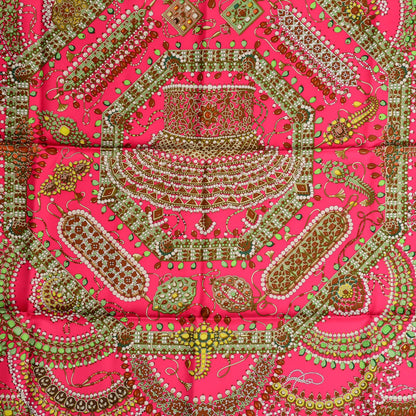 Hermes Silk Parures Des Maharajas Scarf 90 Rose Indien Kaki Chartreuse 1 of 6