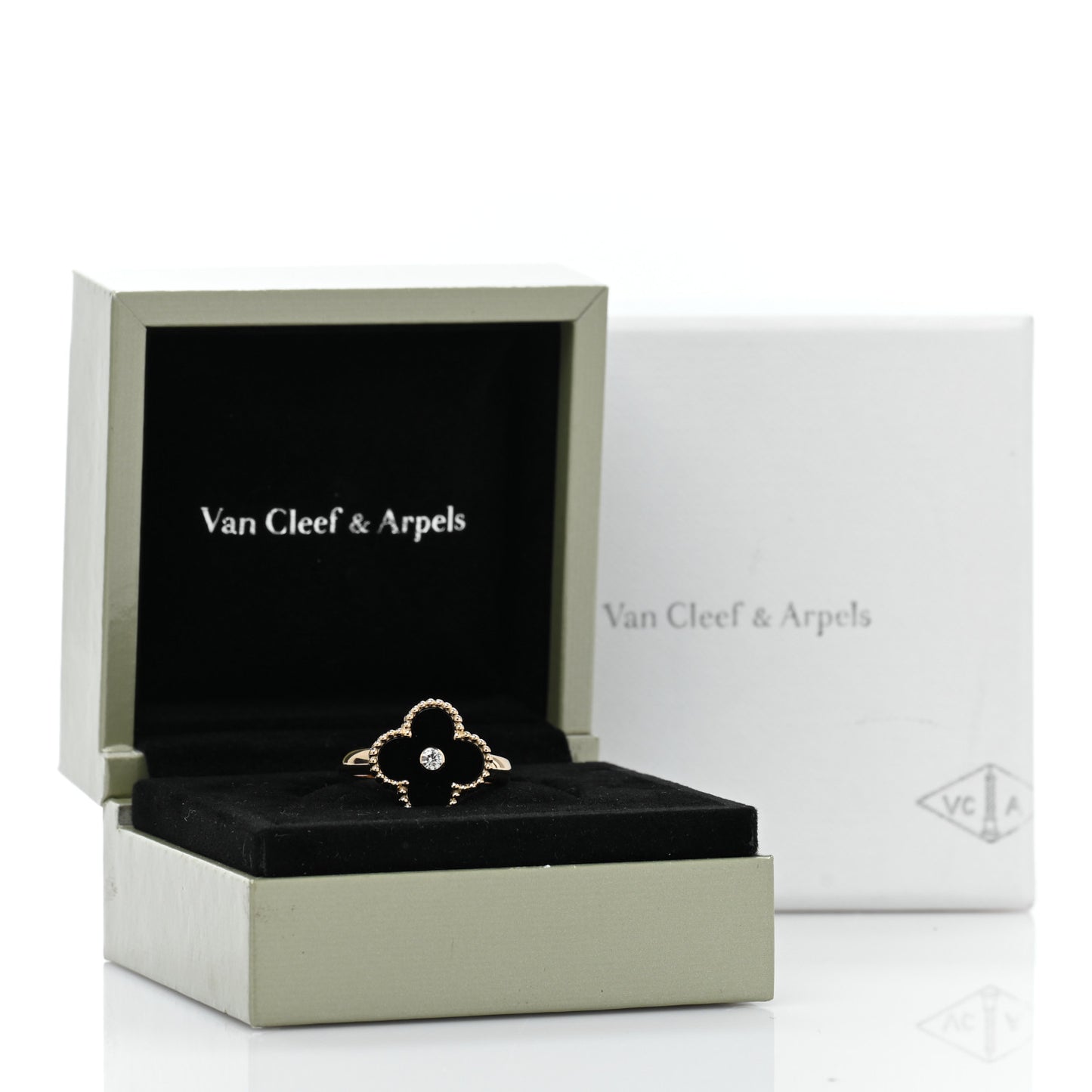 18K Yellow Gold Diamond Black Onyx Vintage Alhambra Ring 54 6.75