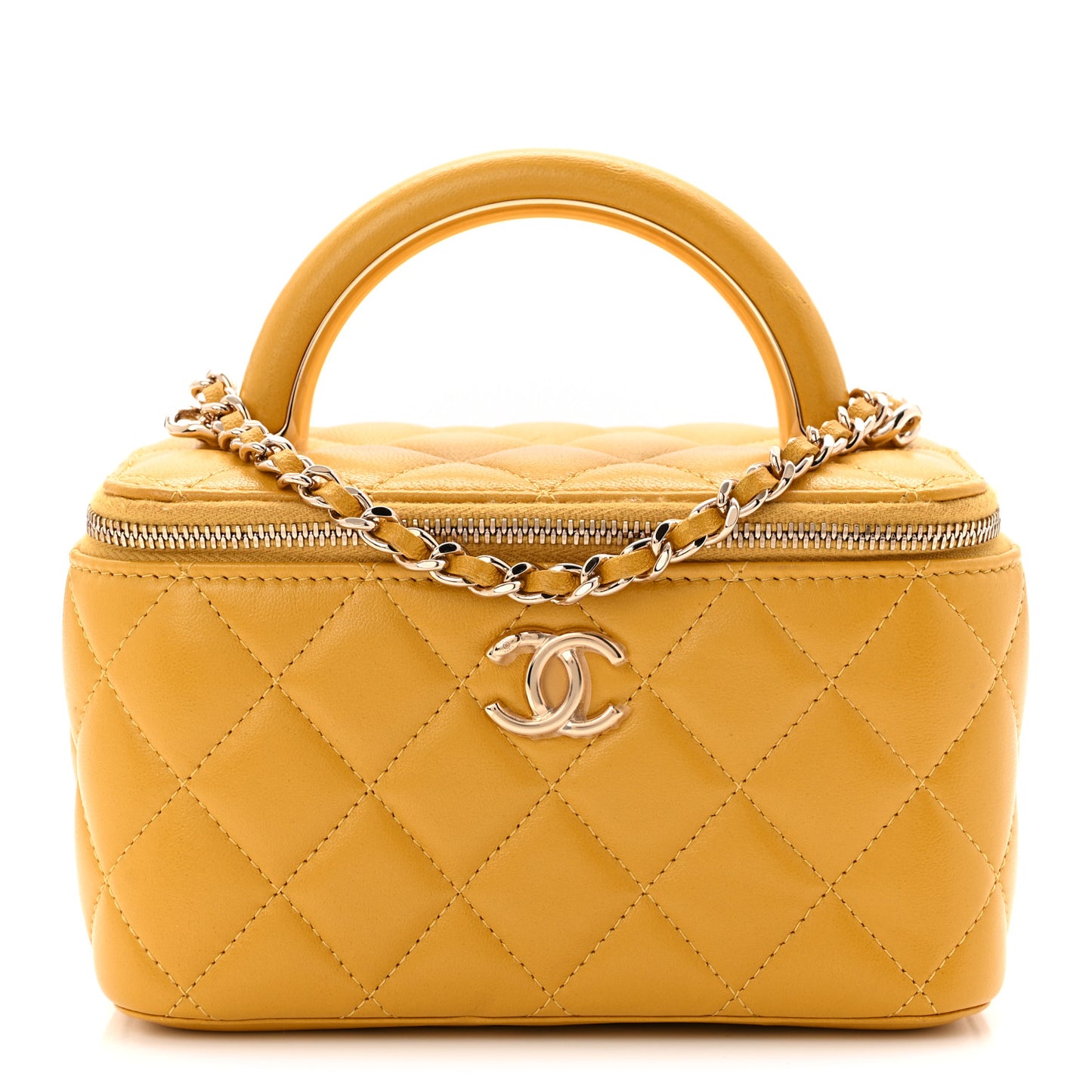 Lambskin Quilted Small Charming Top Handle Vanity Case With Chain Yellow