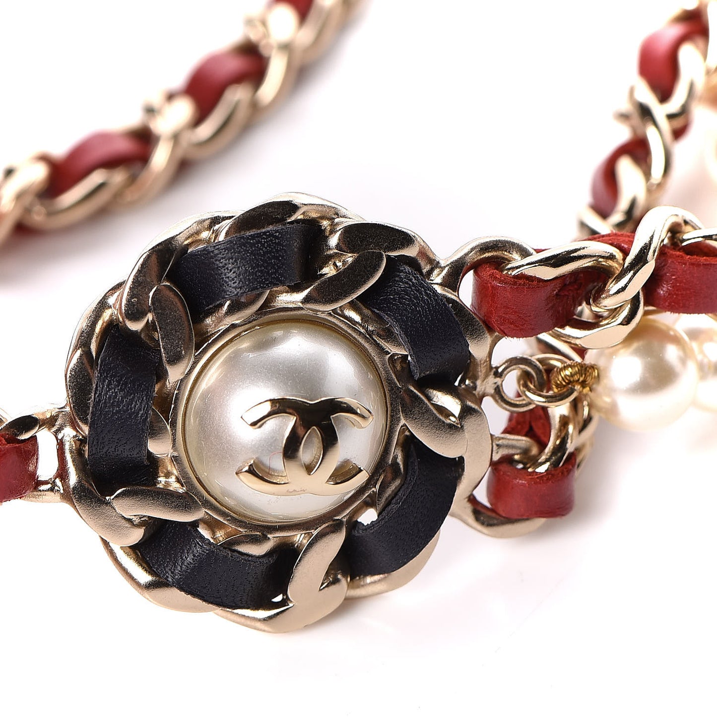Lambskin Pearl Chain Camellia Fancy Belt 80 Black Red Gold