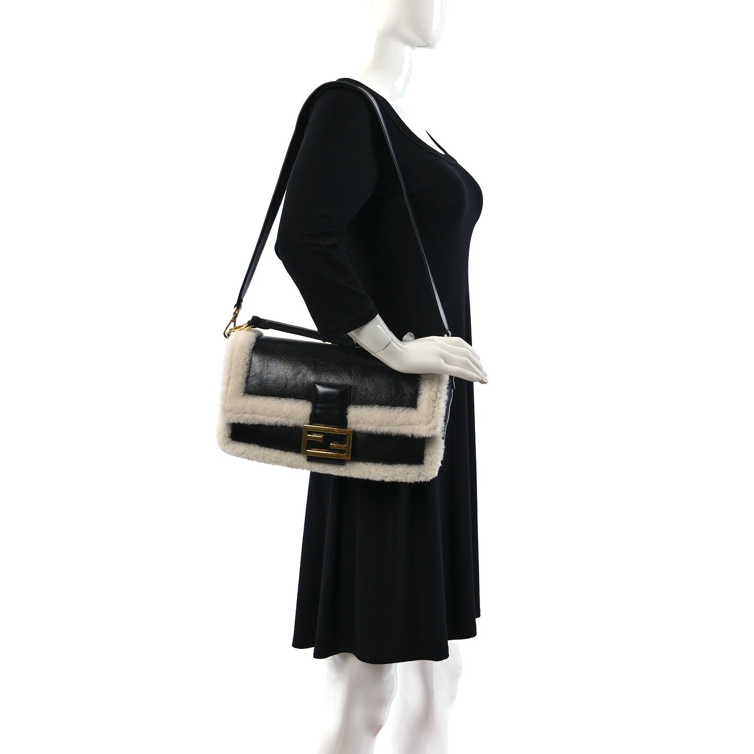 Fendi Lambskin Sheepskin Fur Large Baguette Black 2 of 9