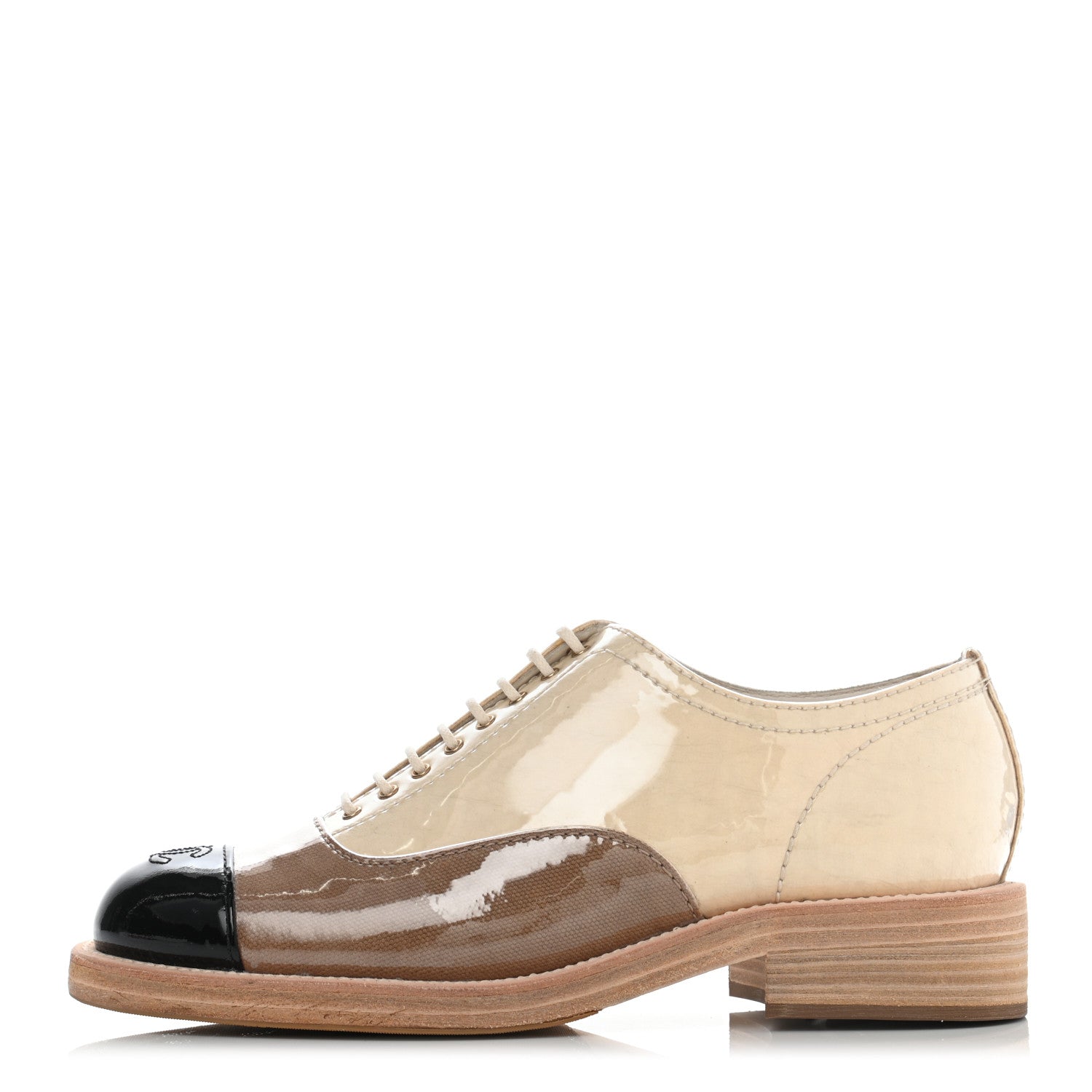 Chanel Calfskin Fabric PVC Lace Up Loafers 40 Beige Black 1 of 9