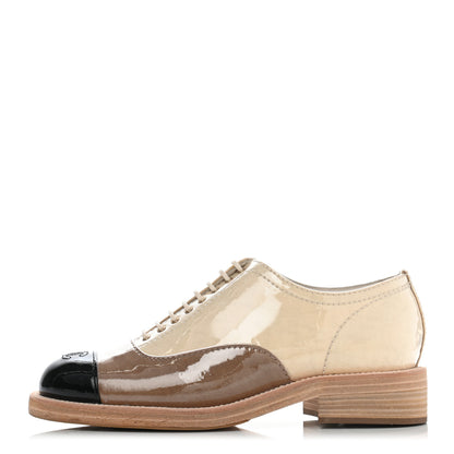 Chanel Calfskin Fabric PVC Lace Up Loafers 40 Beige Black 1 of 9