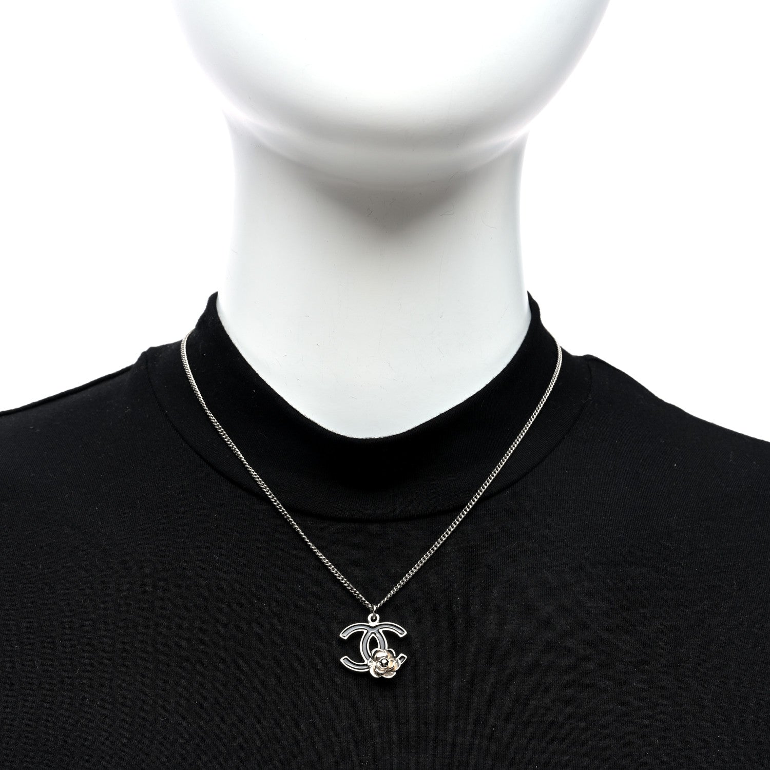 Chanel Enamel CC Camelia Necklace Silver Black 2 of 5