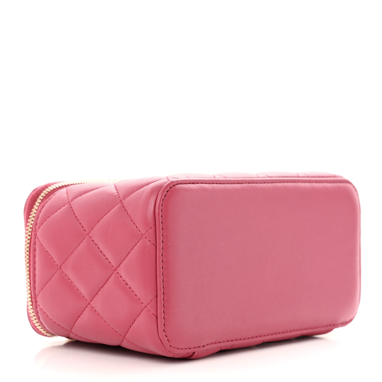 Lambskin Quilted Small Top Handle Vanity Case With Chain Dark Pink