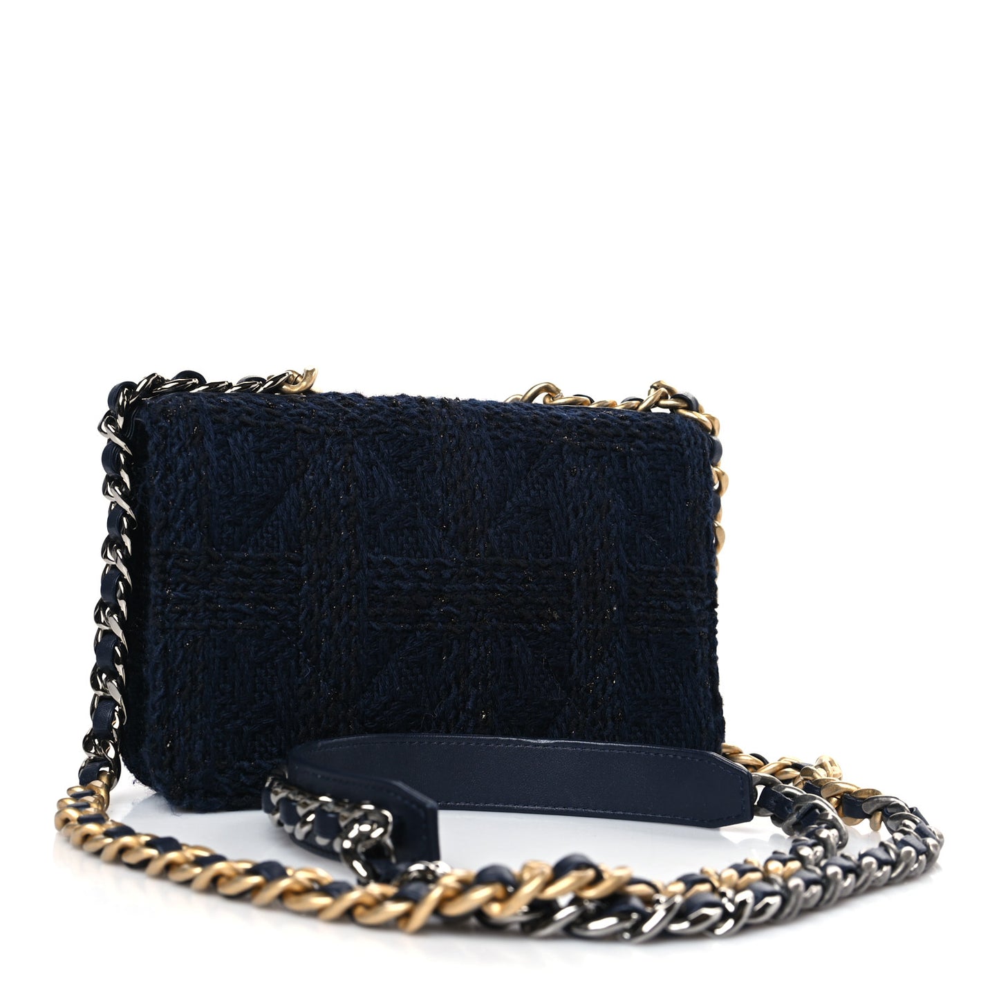 Wool Tweed Lambskin Quilted Chanel 19 Wallet On Chain WOC Blue Black