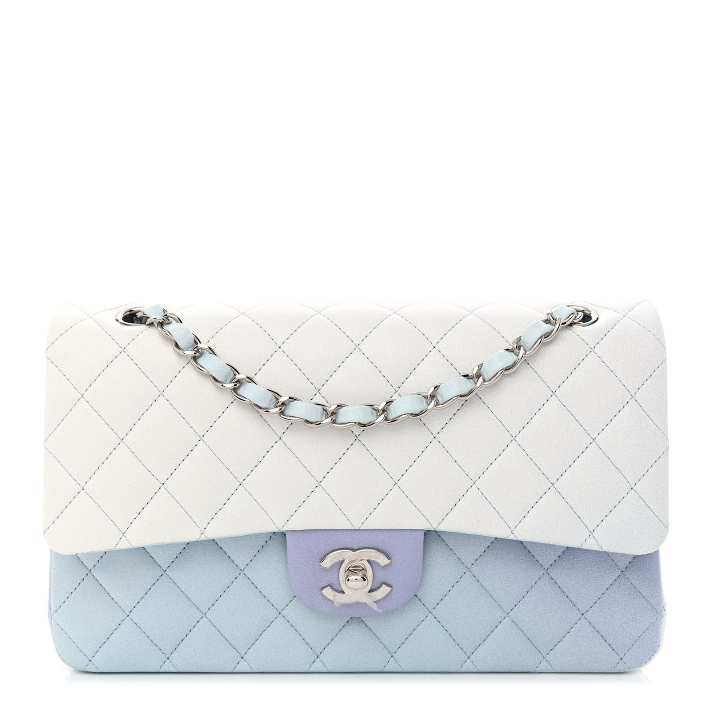Perforated Lambskin Quilted Medium Double Flap Light Blue Light Purple White