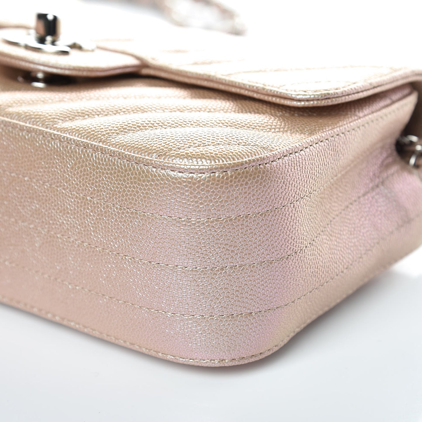 Iridescent Caviar Chevron Quilted Mini Rectangular Flap Light Gold