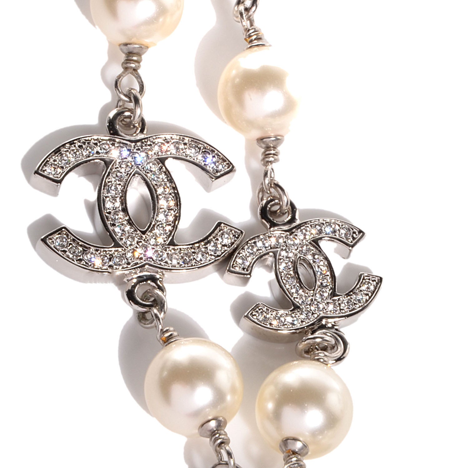Chanel Crystal Pearl CC Long Necklace Silver 3 of 5