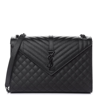 Saint Laurent Grain De Poudre Textured Mixed Matelasse Large Triquilt Monogram Monochrome Satchel Black 1 of 10