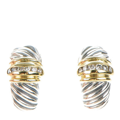 David Yurman Sterling Silver 18K Yellow Gold Pave Diamond 24mm Thoroughbred Shrimp Earrings 1 of 4