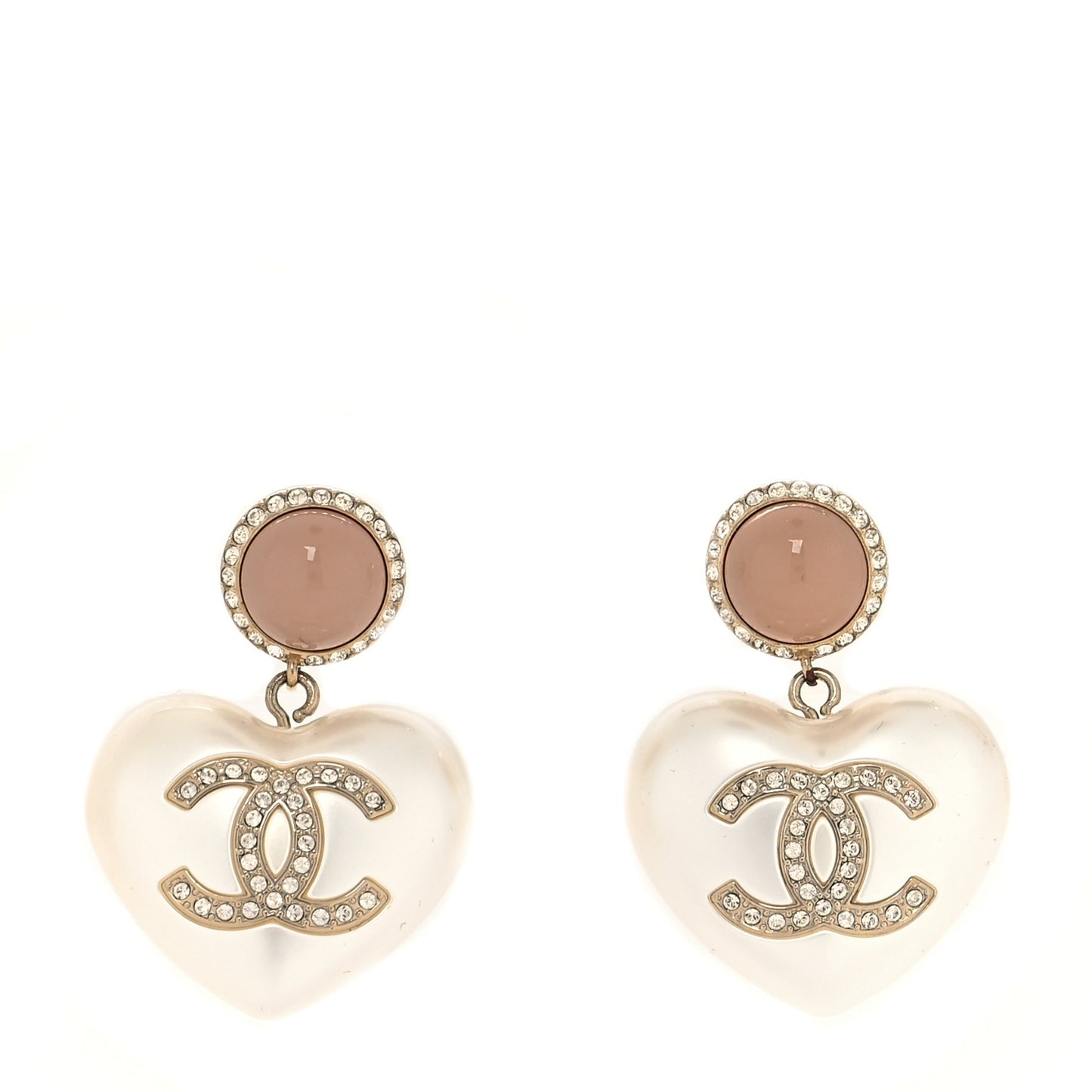 Pearl Resin Crystal CC Heart Drop Earrings Pink Gold