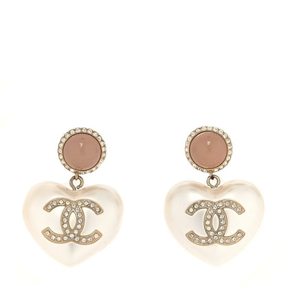 Chanel Pearl Resin Crystal CC Heart Drop Earrings Pink Gold 1 of 4
