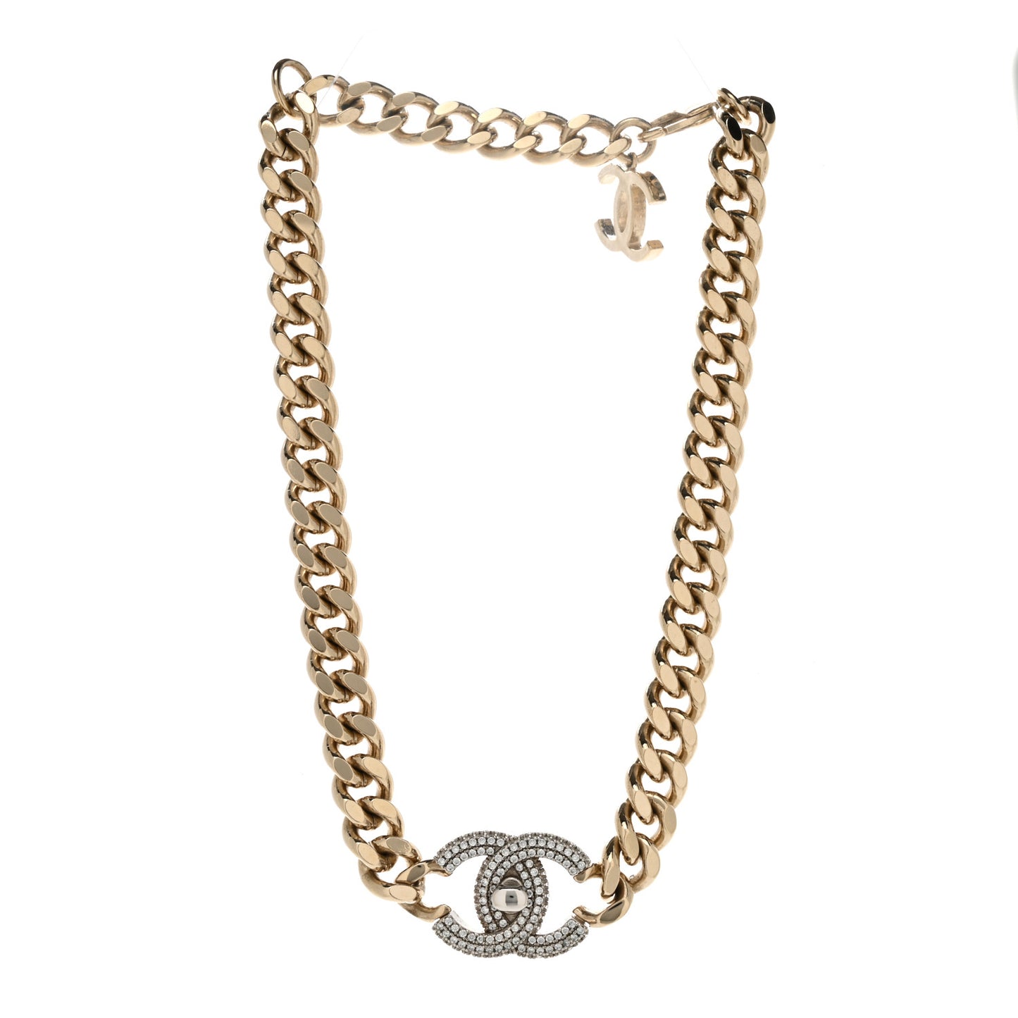 Crystal Chain Link CC Turnlock Choker Necklace Gold Silver