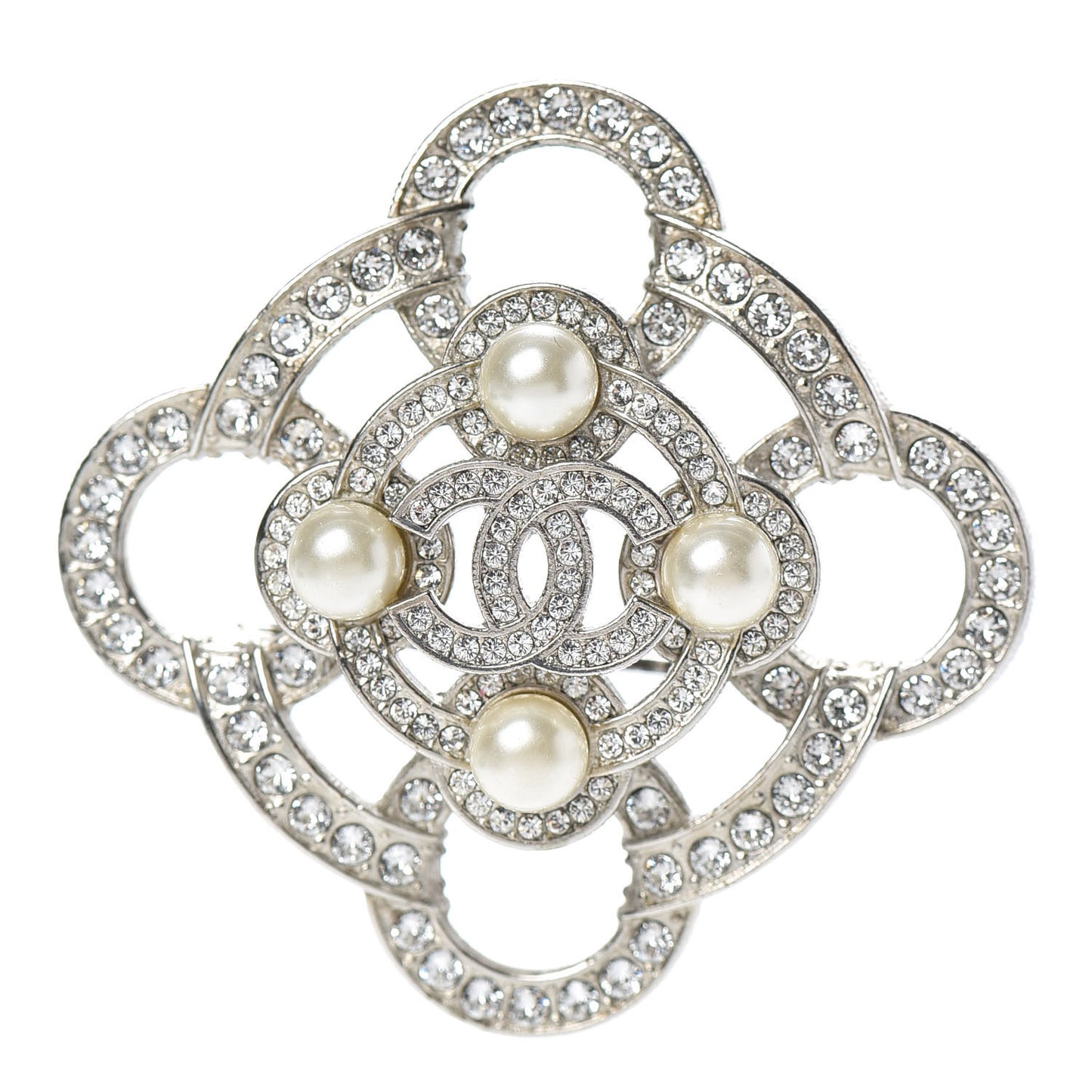 Pearl Crystal CC Brooch Silver
