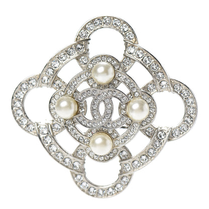 Chanel Pearl Crystal CC Brooch Silver 1 of 5