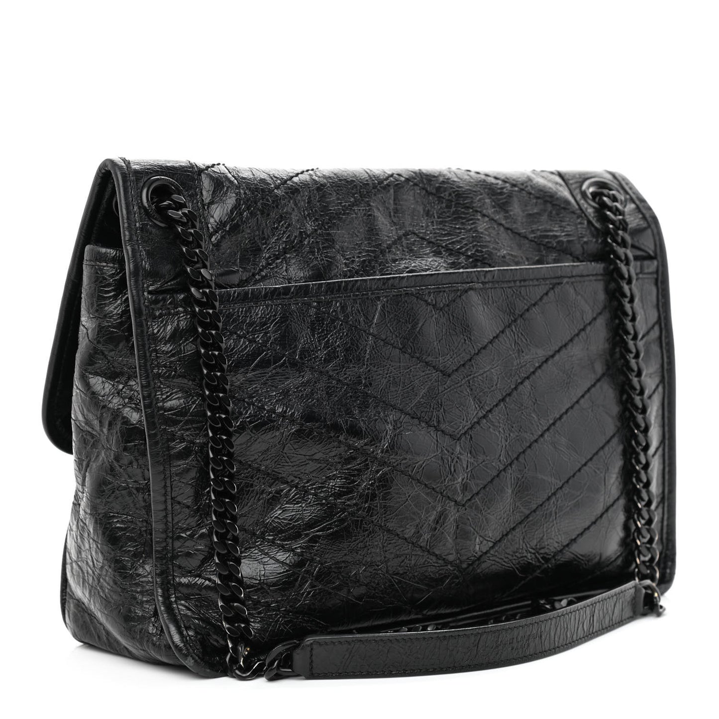 Crinkled Calfskin Matelasse Monogram Medium Niki Chain Satchel Black