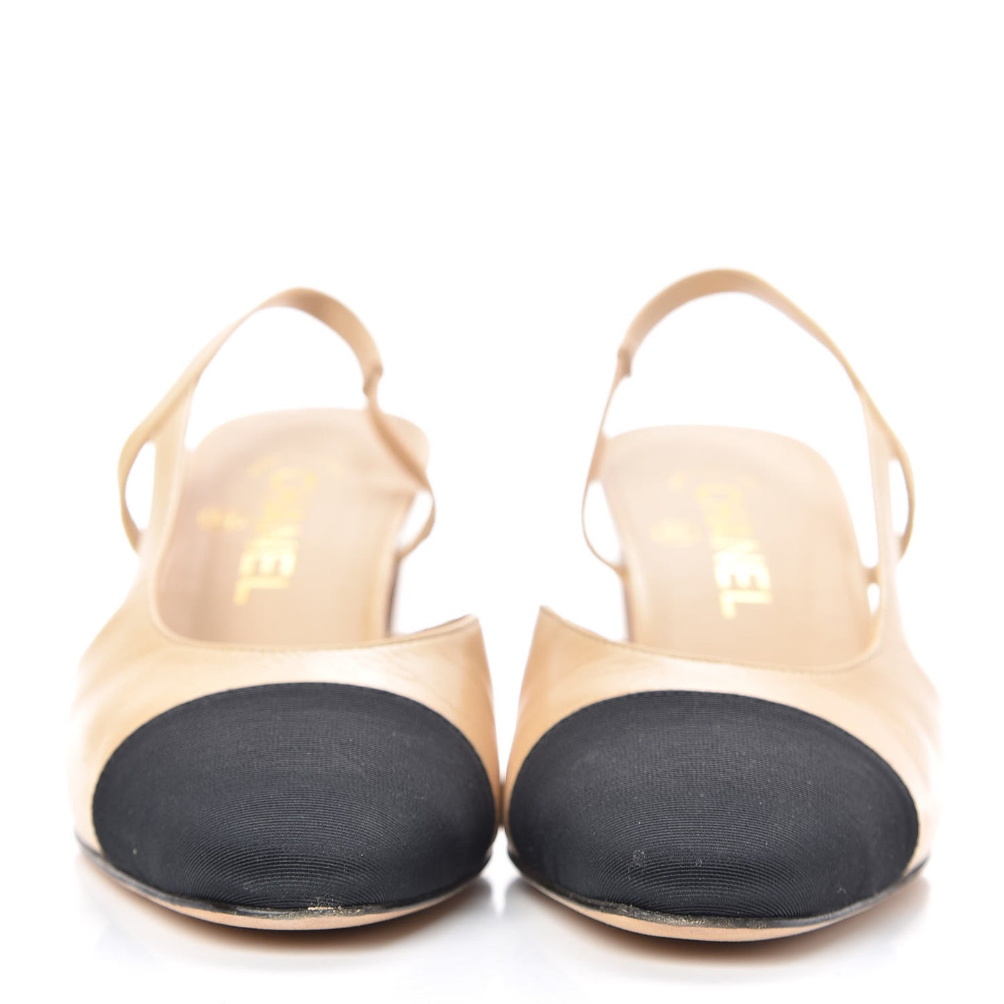 Goatskin Grosgrain Cap Toe CC Slingback Pumps 38 Beige Black