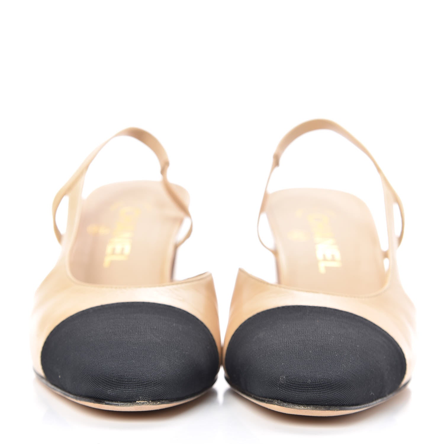 Chanel Goatskin Grosgrain Cap Toe CC Slingback Pumps 38 Beige Black 2 of 10