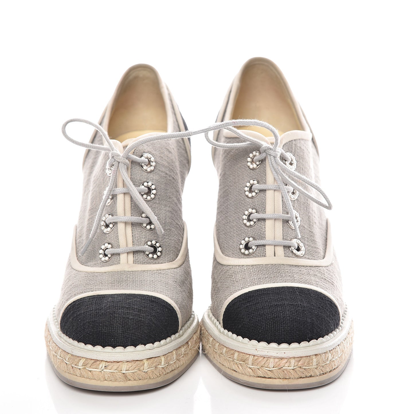 Cotton Lace Up Wedge Espadrilles 38.5 Grey Navy Blue