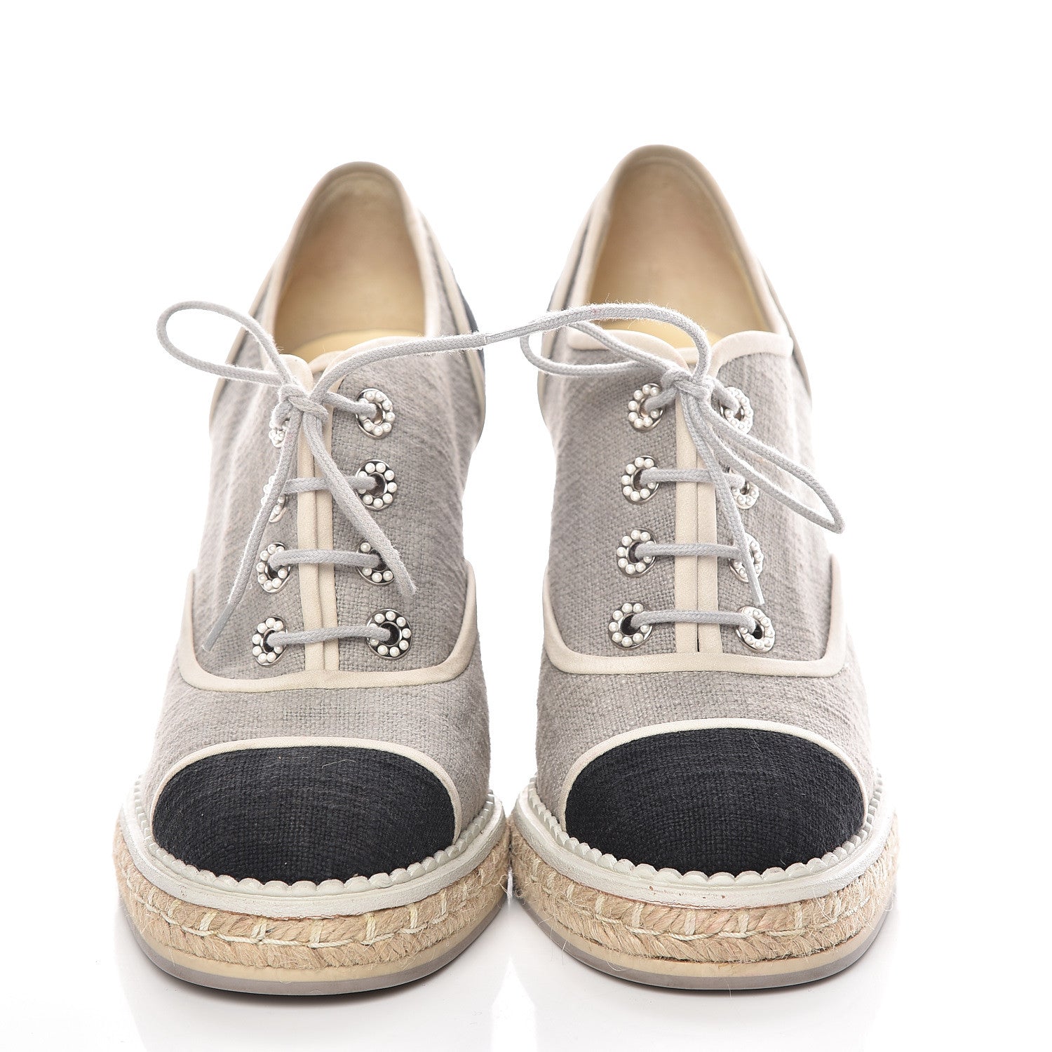 Chanel Cotton Lace Up Wedge Espadrilles 38.5 Grey Navy Blue 2 of 15