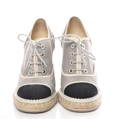 Chanel Cotton Lace Up Wedge Espadrilles 38.5 Grey Navy Blue 2 of 15