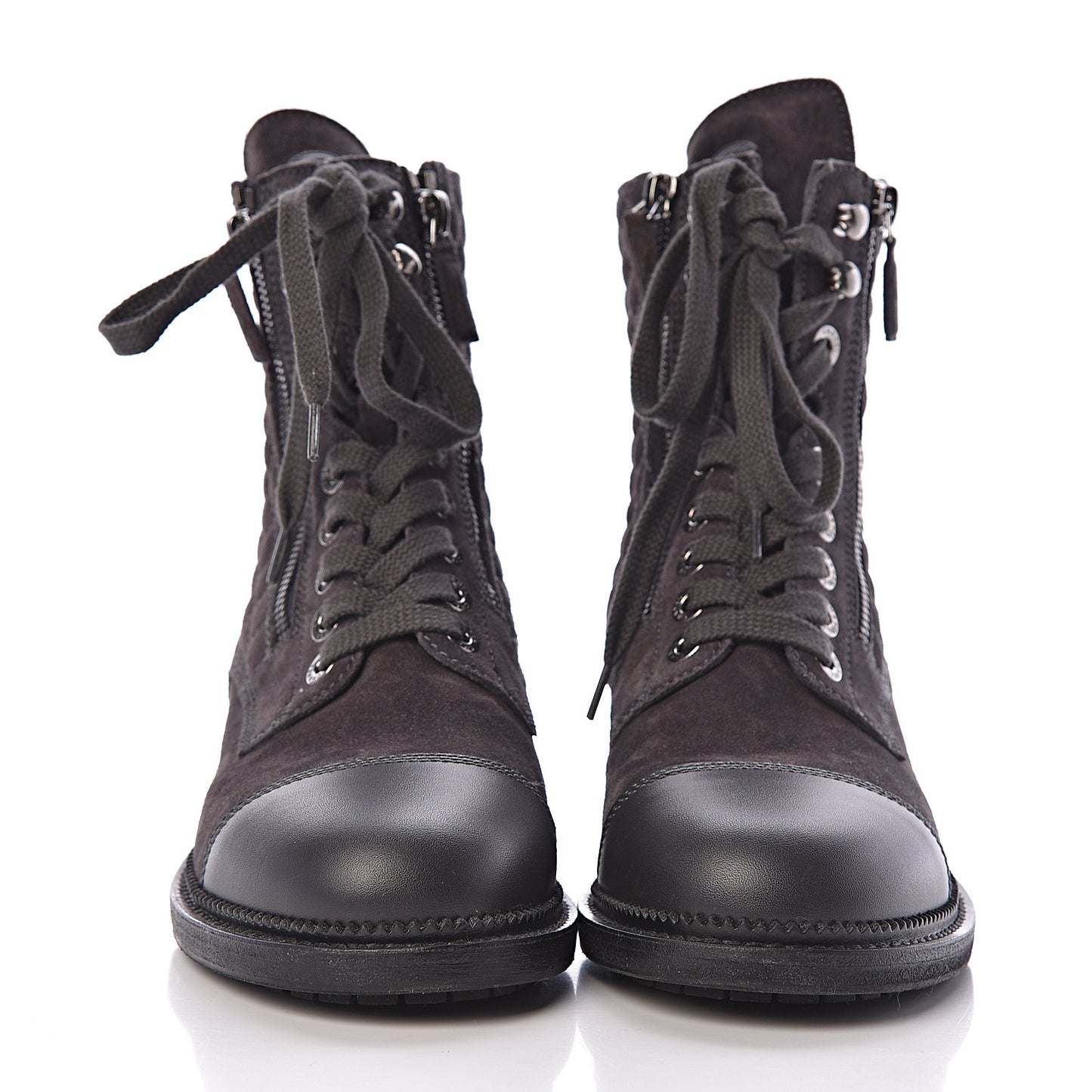 Suede Quilted CC Lace Up Combat Boots 38 Grey