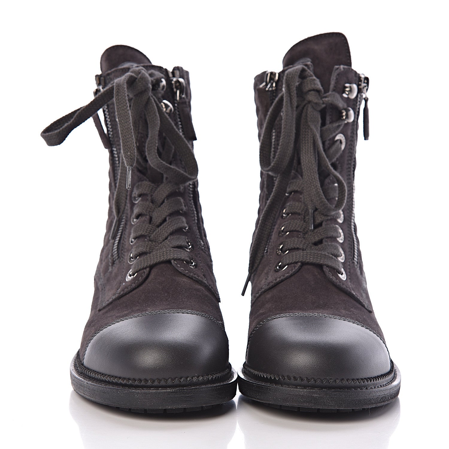 Chanel Suede Quilted CC Lace Up Combat Boots 38 Grey 2 of 8