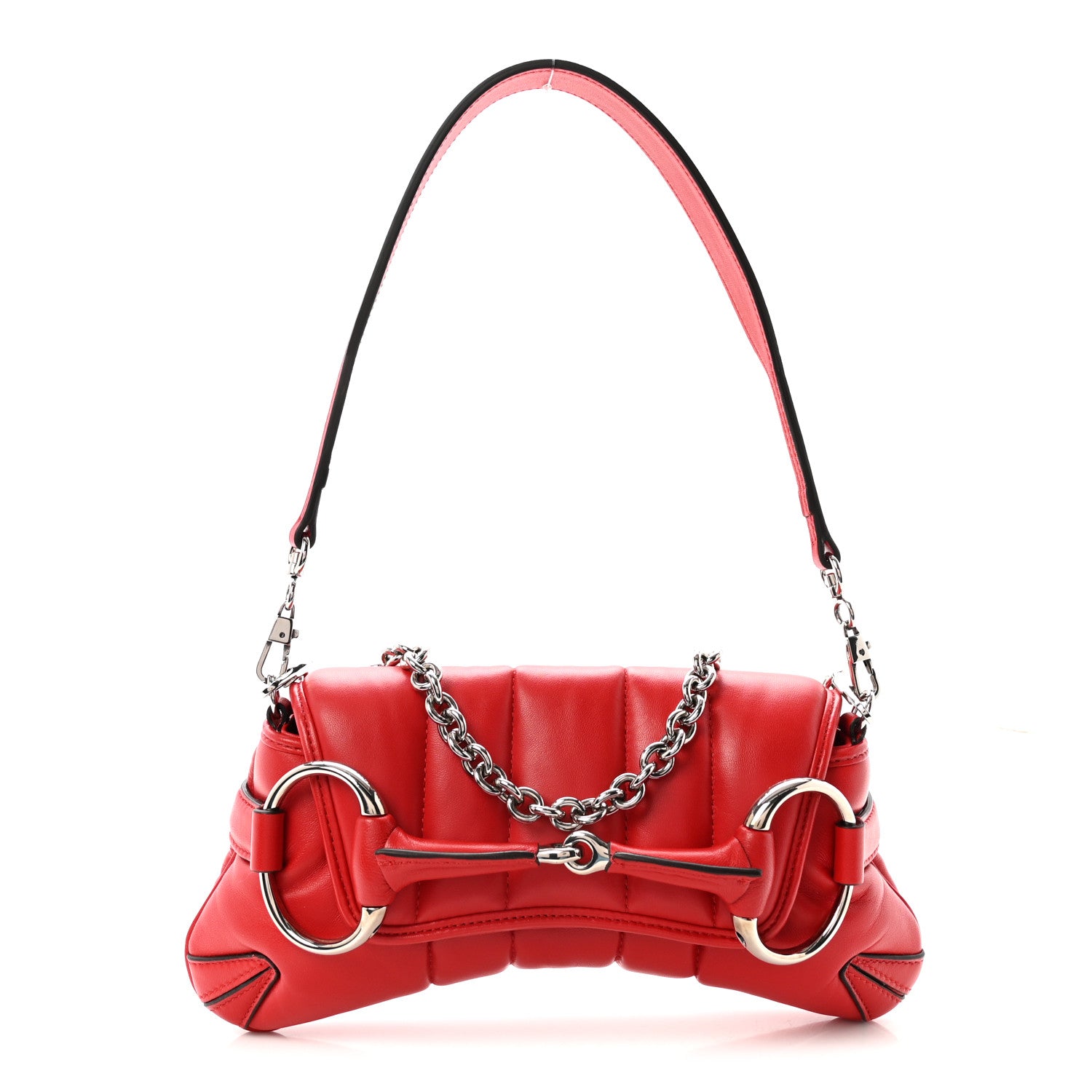 Gucci Nappa Vertical Matelasse Small Maxi Horsebit Chain Shoulder Bag Beret Red 1 of 10