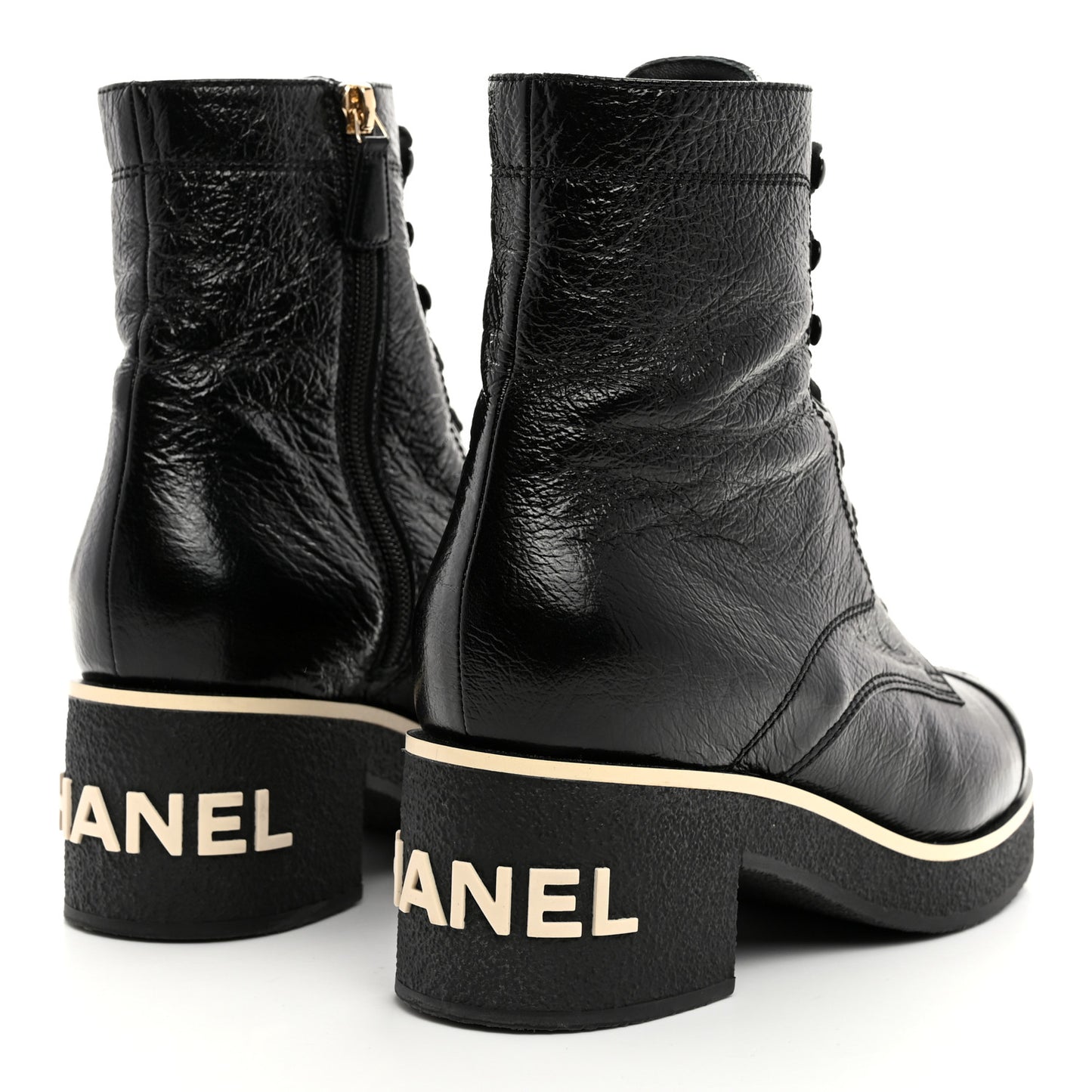 Shiny Crumpled Lambskin Lace Up Combat Boots 40 Black