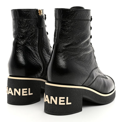 Chanel Shiny Crumpled Lambskin Lace Up Combat Boots 40 Black 4 of 9