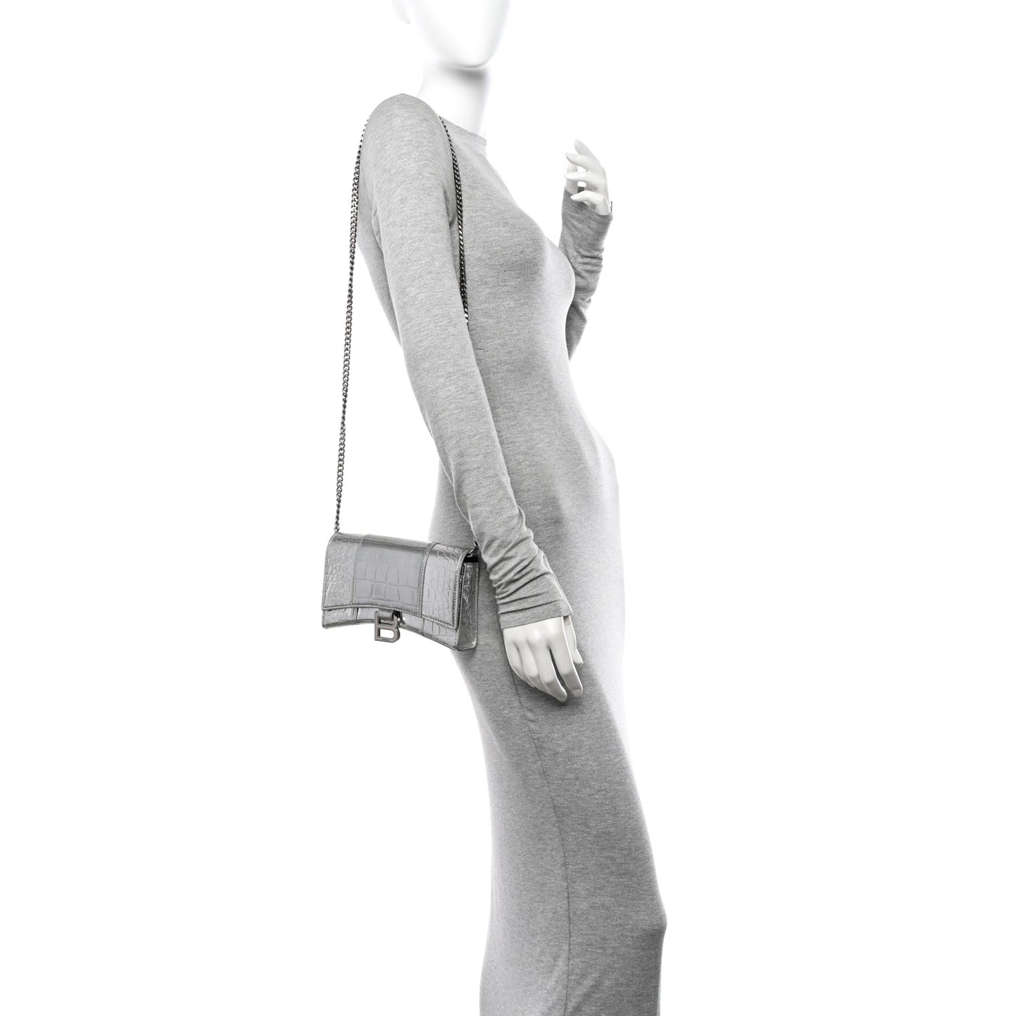 Metallic Calfskin Crocodile Embossed Hourglass Chain Bag Silver