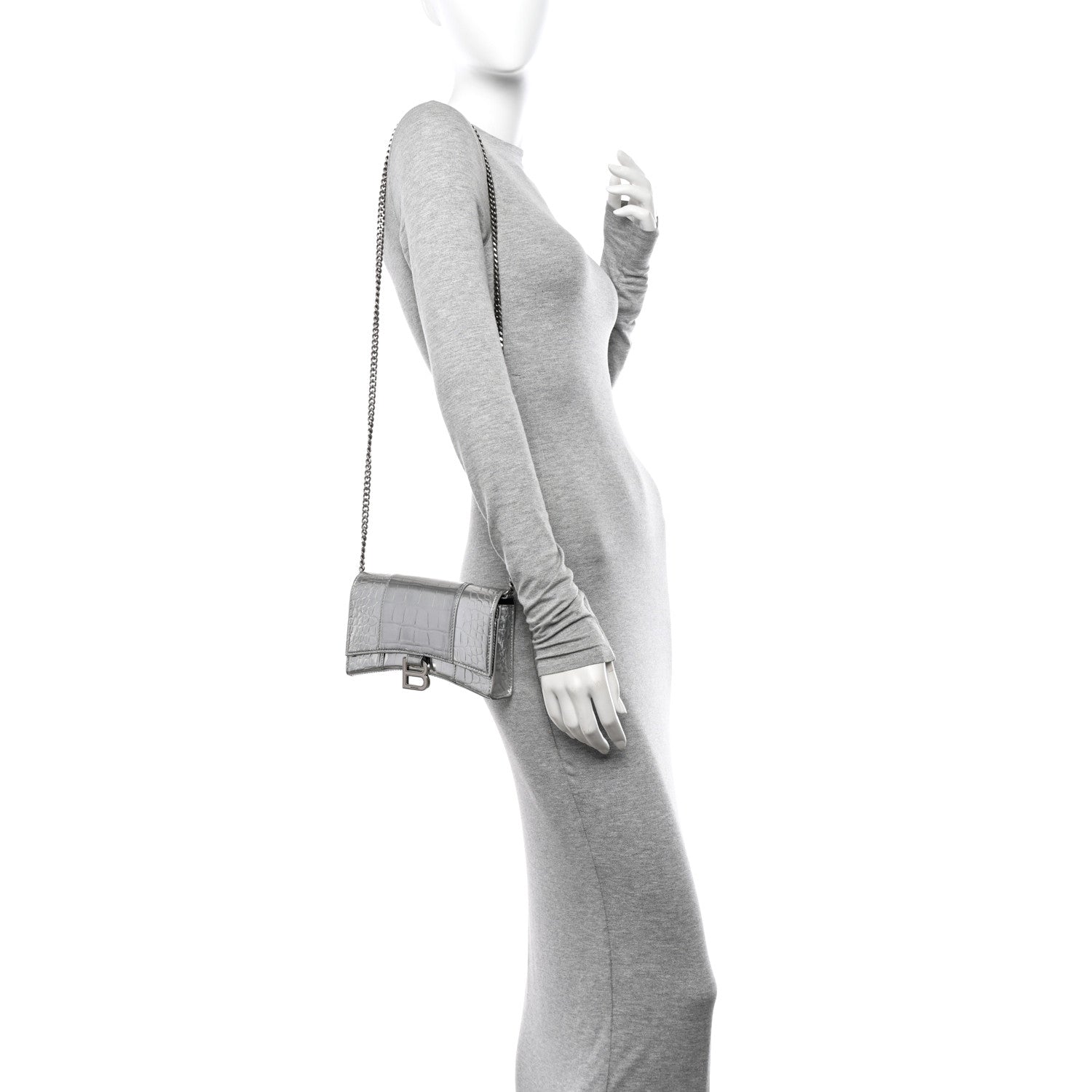 Balenciaga Metallic Calfskin Crocodile Embossed Hourglass Chain Bag Silver 2 of 17