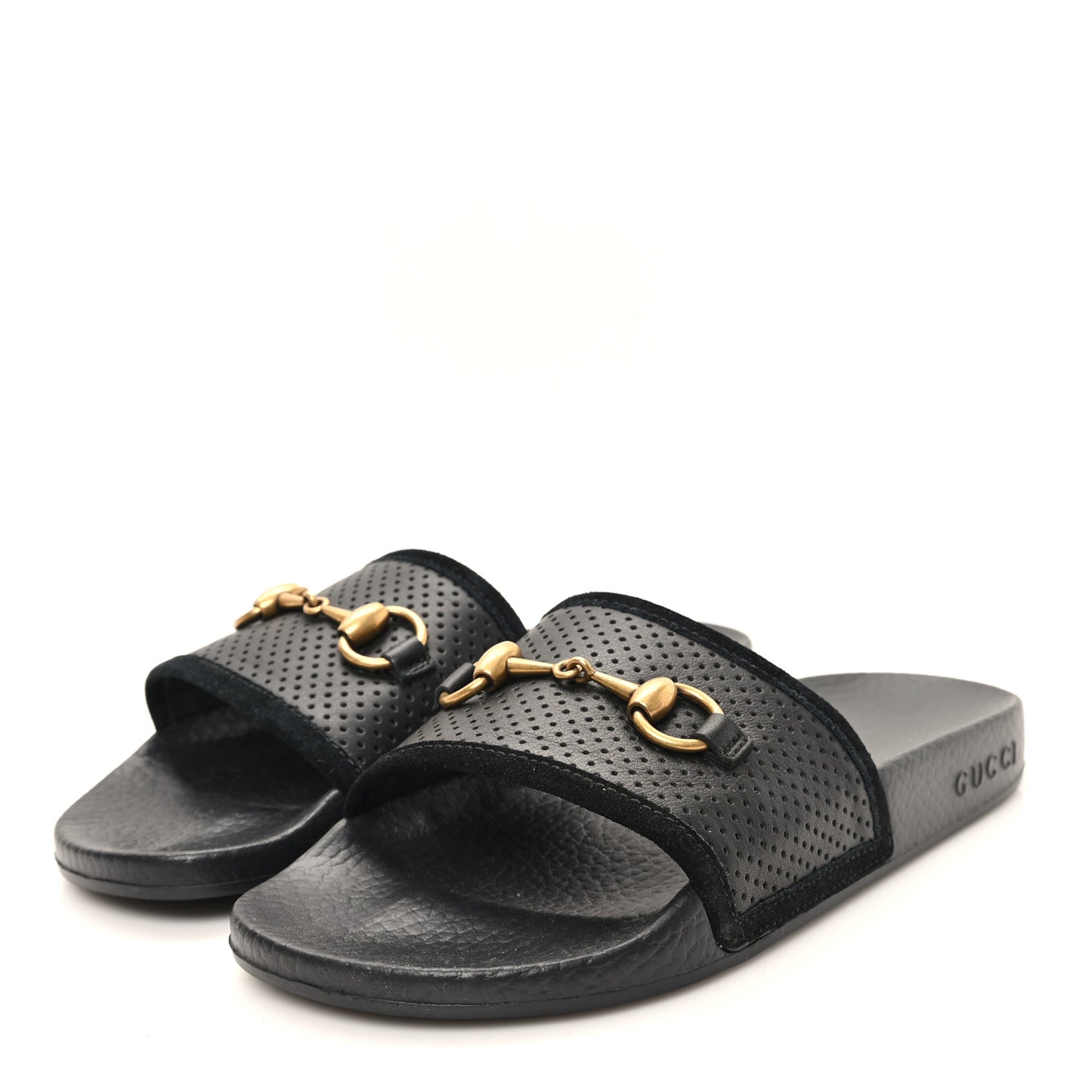 Suede Perforated Horsebit Slide Sandals 36 Black