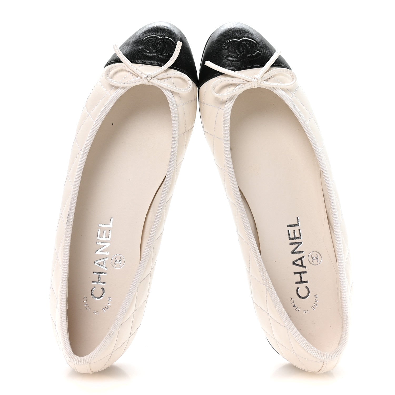 Chanel Canvas Lambskin Quilted CC Cap Toe Ballerina Flats 37 White Black 2 of 8