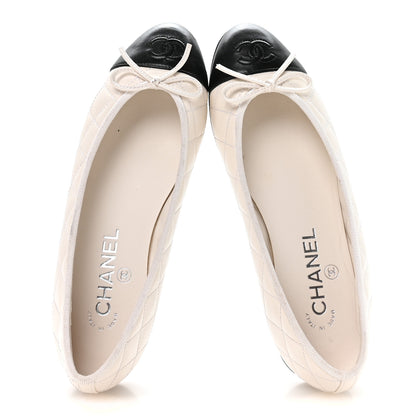 Chanel Canvas Lambskin Quilted CC Cap Toe Ballerina Flats 37 White Black 2 of 8