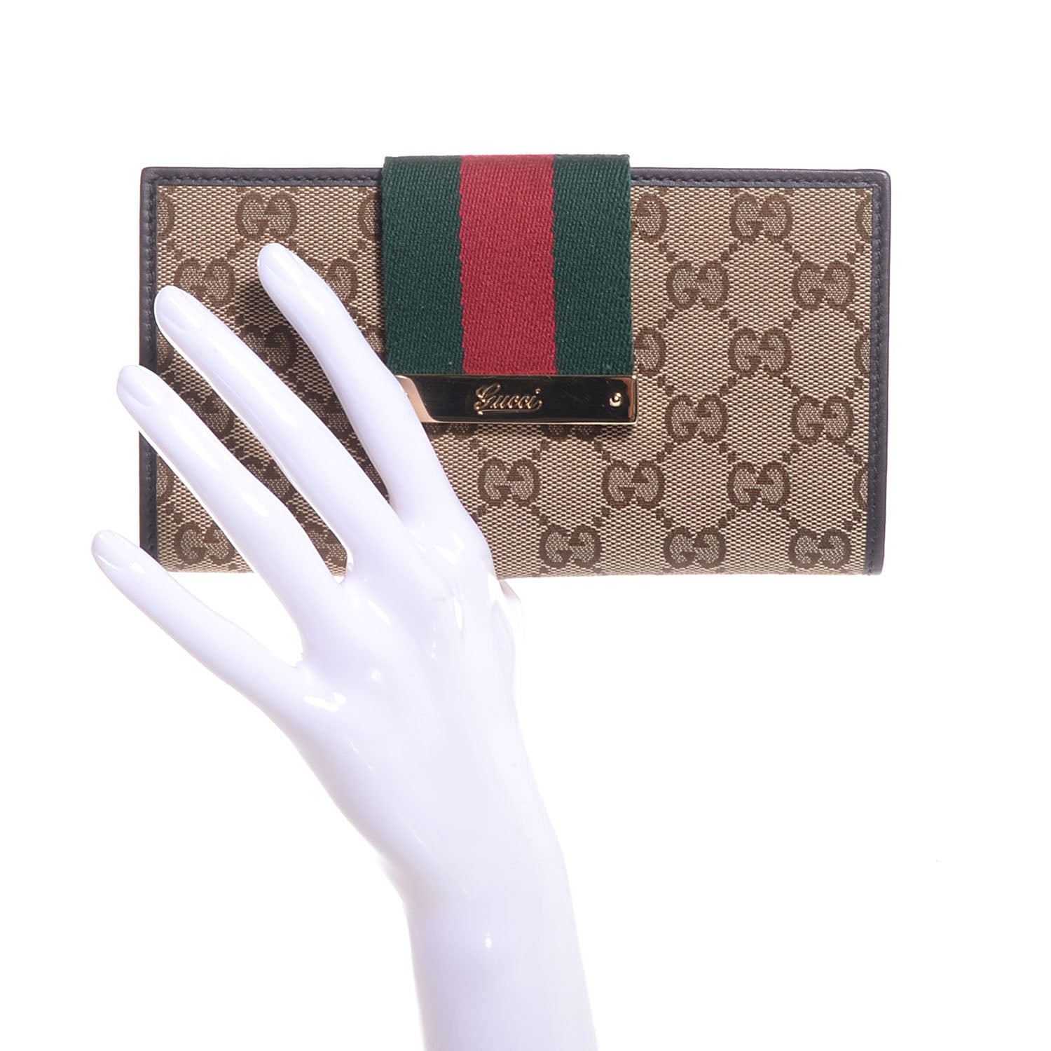 Gucci Monogram Calfskin Ladies Web Continental Wallet Beige Ebony Cocoa 2 of 7