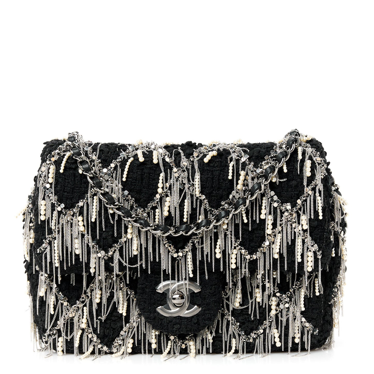 Tweed Quilted Pearl Fringe Quilted Mini Flap Bag Black Silver
