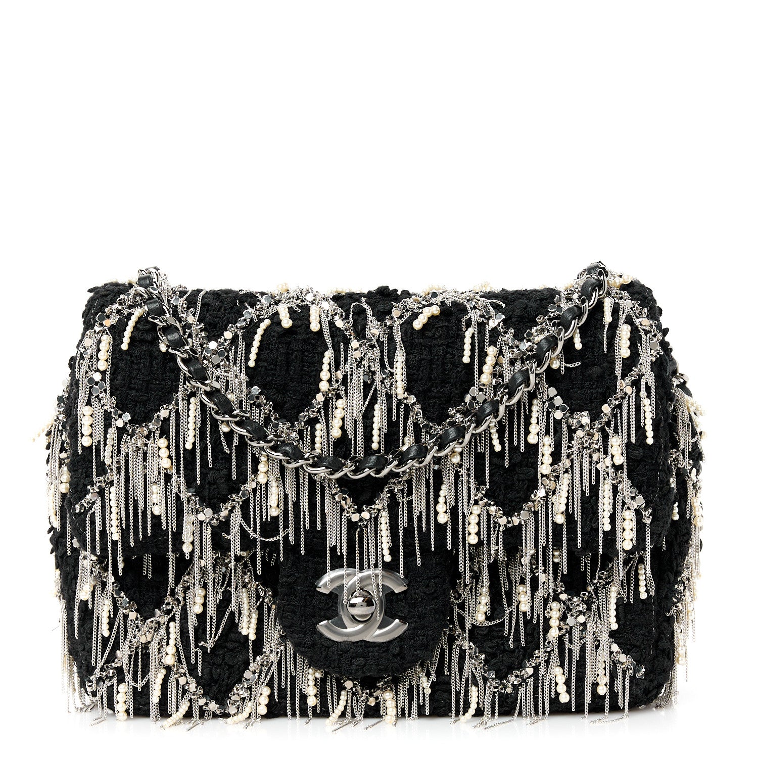 Chanel Tweed Quilted Pearl Fringe Quilted Mini Flap Bag Black Silver 1 of 11