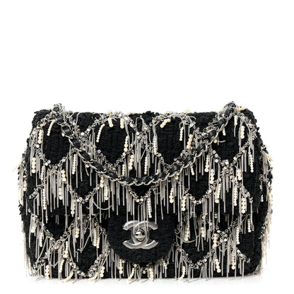 Chanel Tweed Quilted Pearl Fringe Quilted Mini Flap Bag Black Silver 1 of 11
