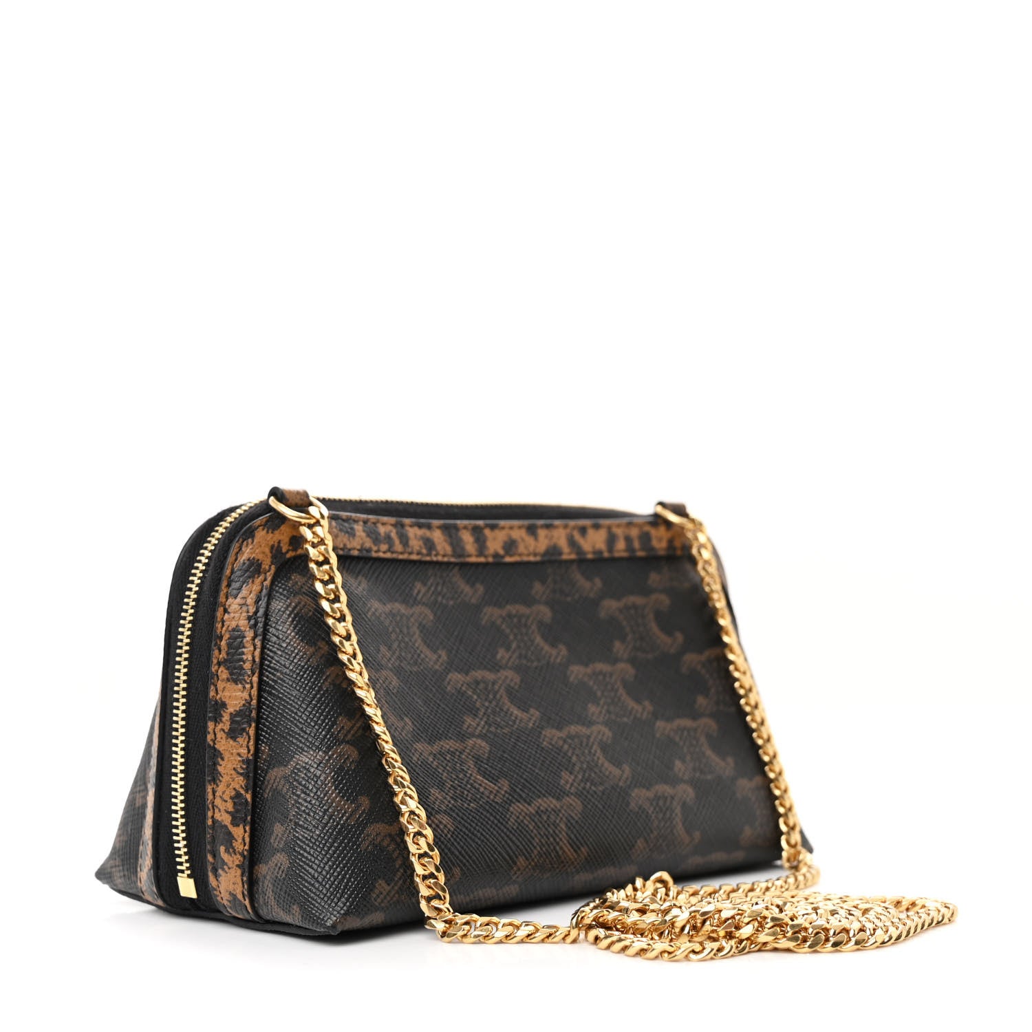 Celine Triomphe Canvas Calfskin Leopard Print Mini Clutch on Chain Black Tan 3 of 13