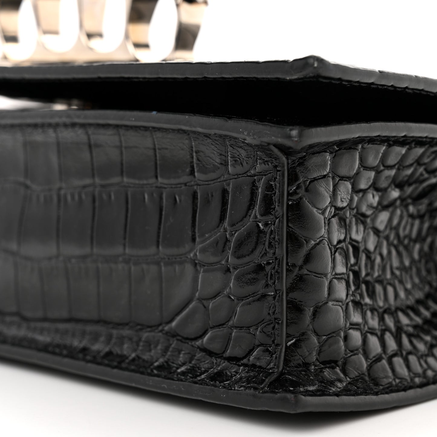 Shiny Calfskin Crocodile Embossed Knuckle Jeweled Crossbody Black