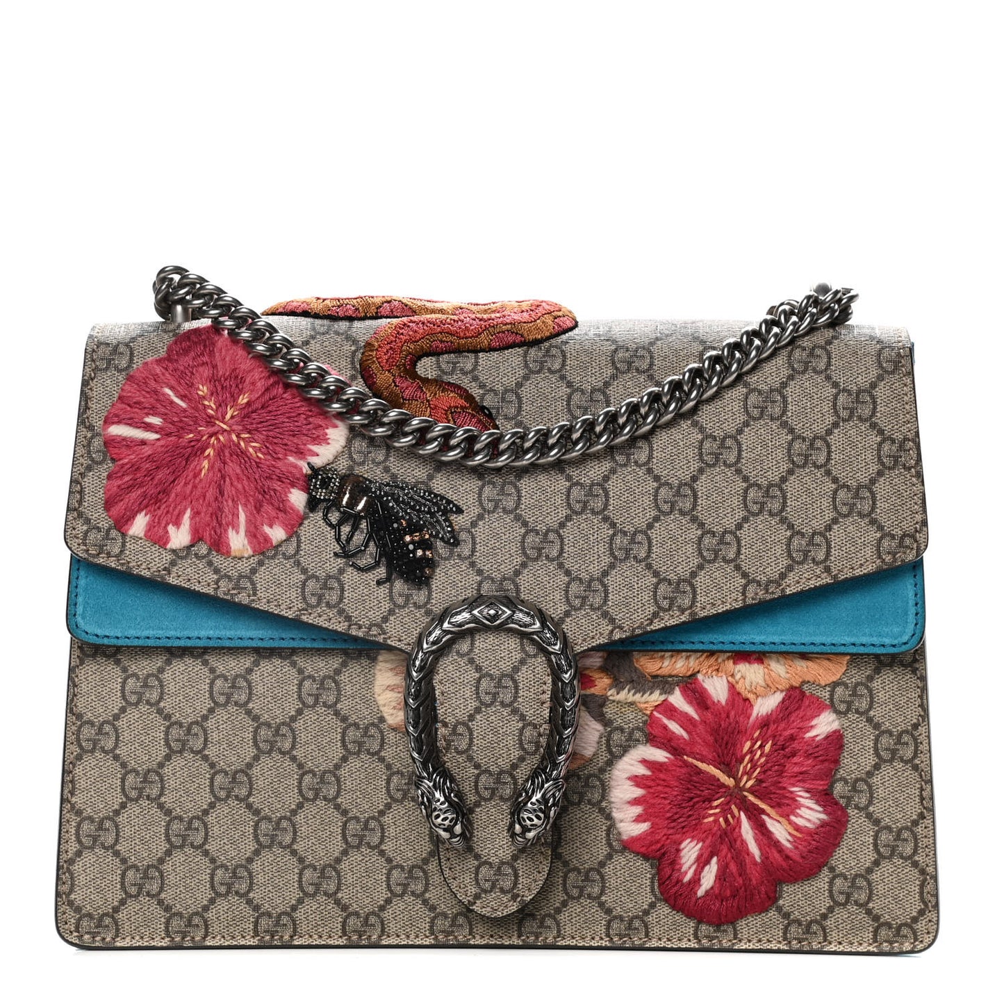 GG Supreme Monogram Bee Snake Embroidered Medium Dionysus Shoulder Bag Blue