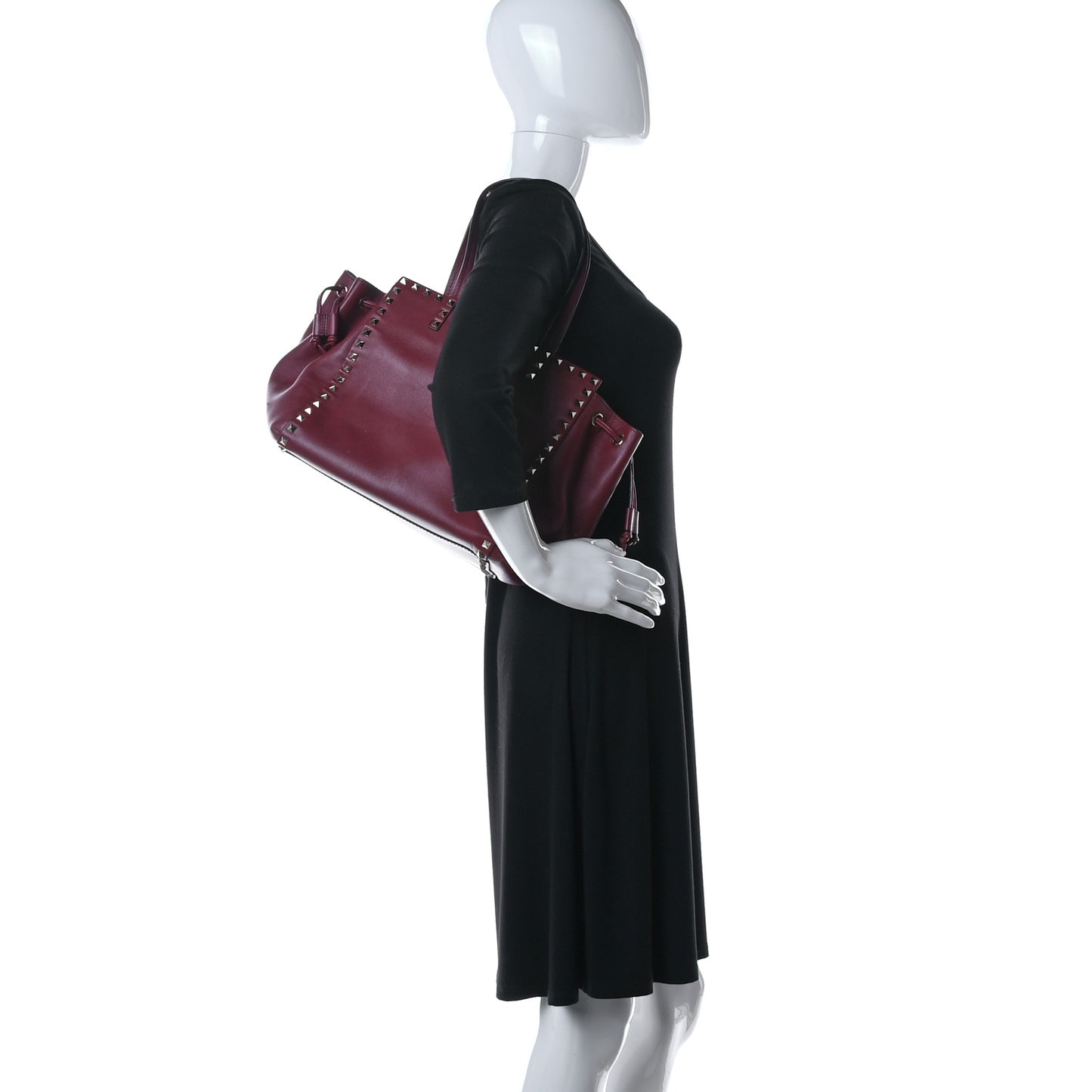 Vitello Rockstud Double Handle Cinch Tote Red