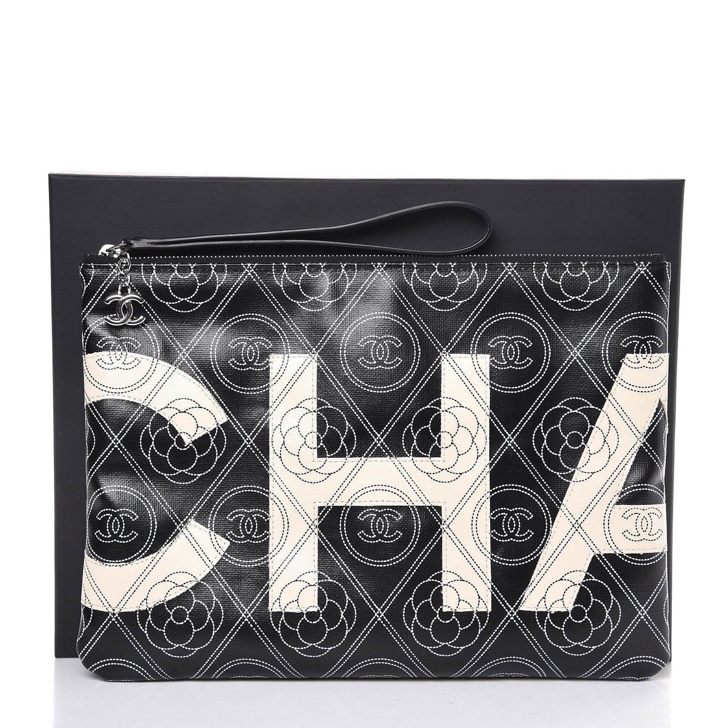 Coated Canvas Camellia Printed Pouch Black Beige