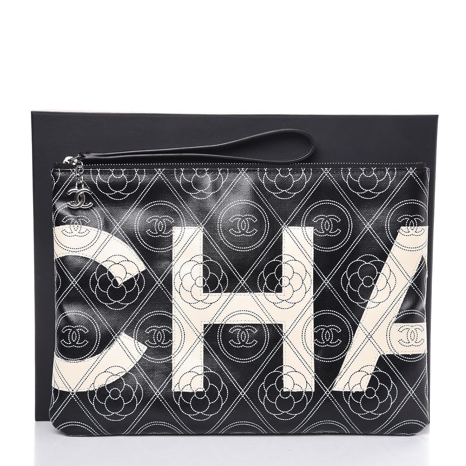 Chanel Coated Canvas Camellia Printed Pouch Black Beige 8 of 8