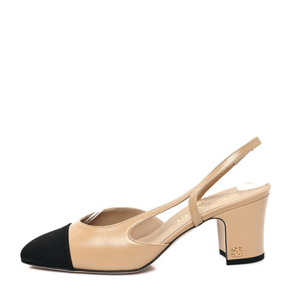 Chanel Goatskin Grosgrain Cap Toe CC Slingback Pumps 37.5 Beige Black 1 of 9