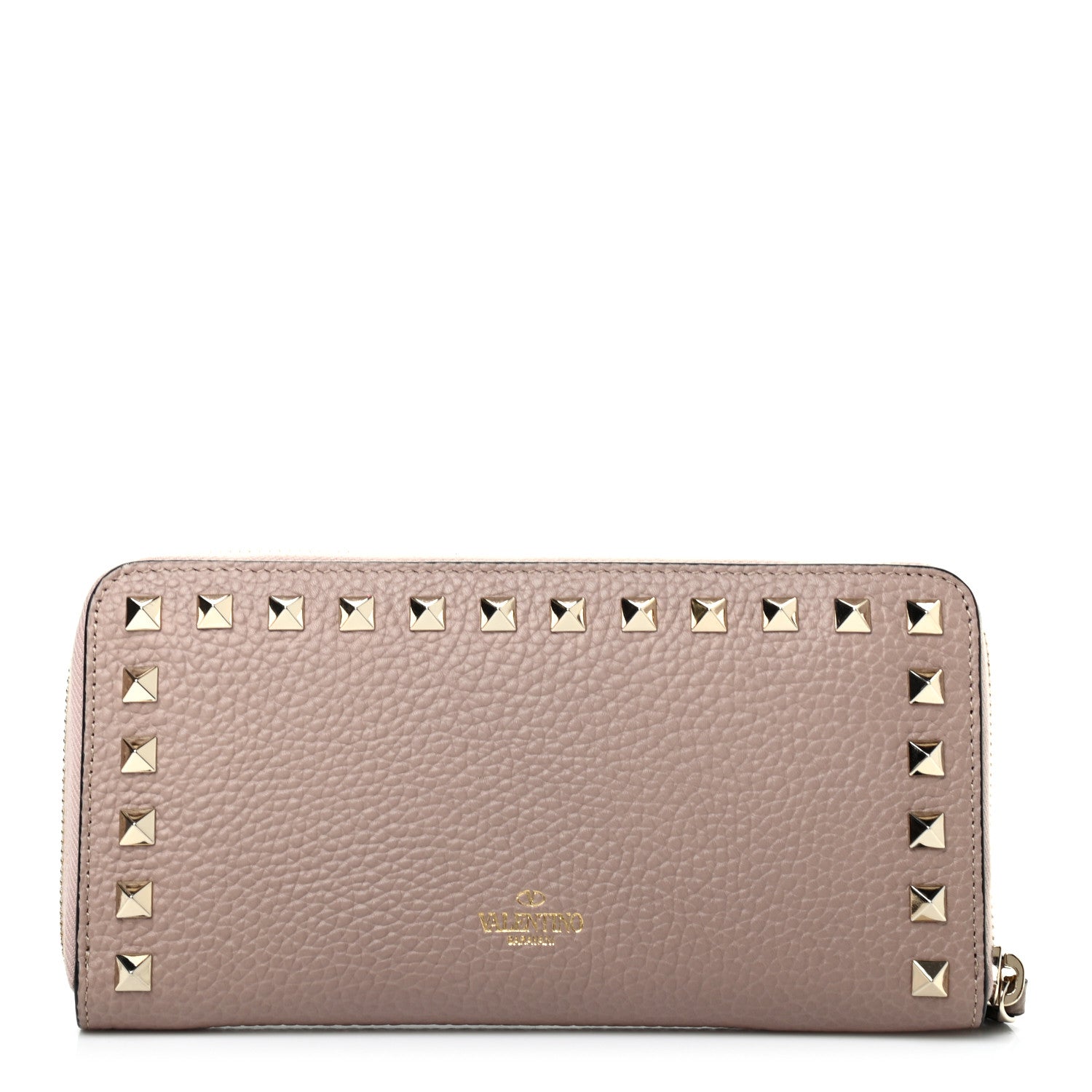 Valentino Garavani Pebbled Calfskin Rockstud Zip Around Wallet Poudre 1 of 8
