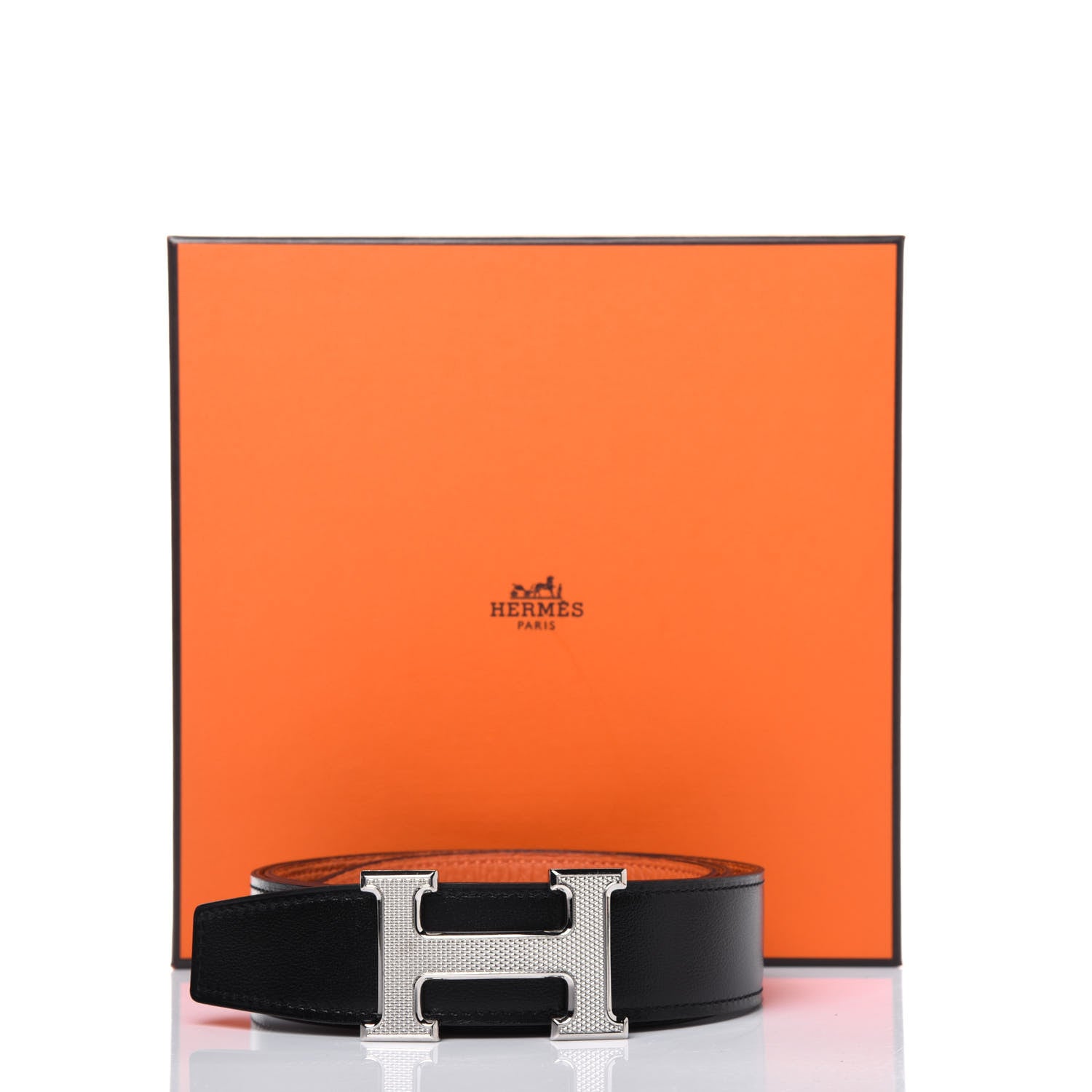 Hermes Box Togo 32mm Guilloche H Belt 90 Black Orange 11 of 11
