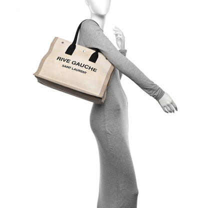 Saint Laurent Linen Calfskin Small Rive Gauche Tote Greggio Natural 2 of 13